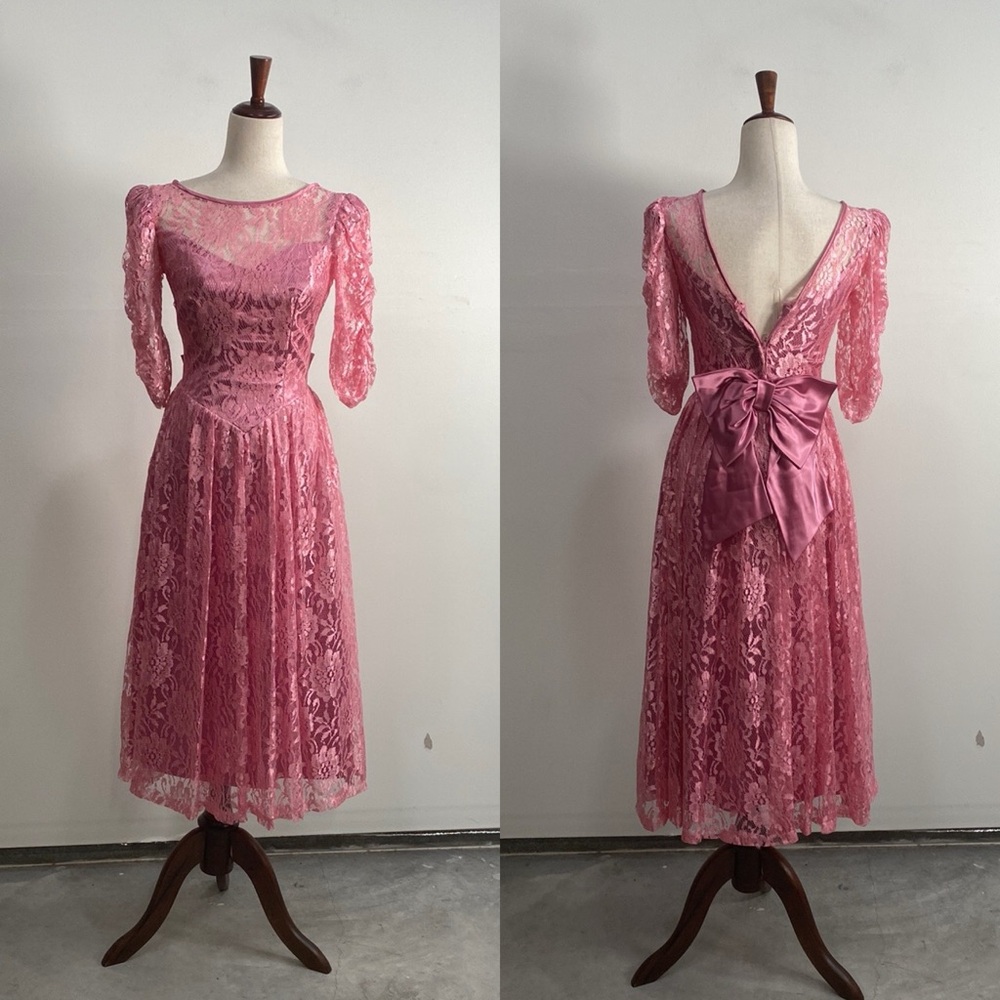 Vintage 80's Lace Prom Dress Elegant Pink Lace Dress 5/6 Pretty in Pink